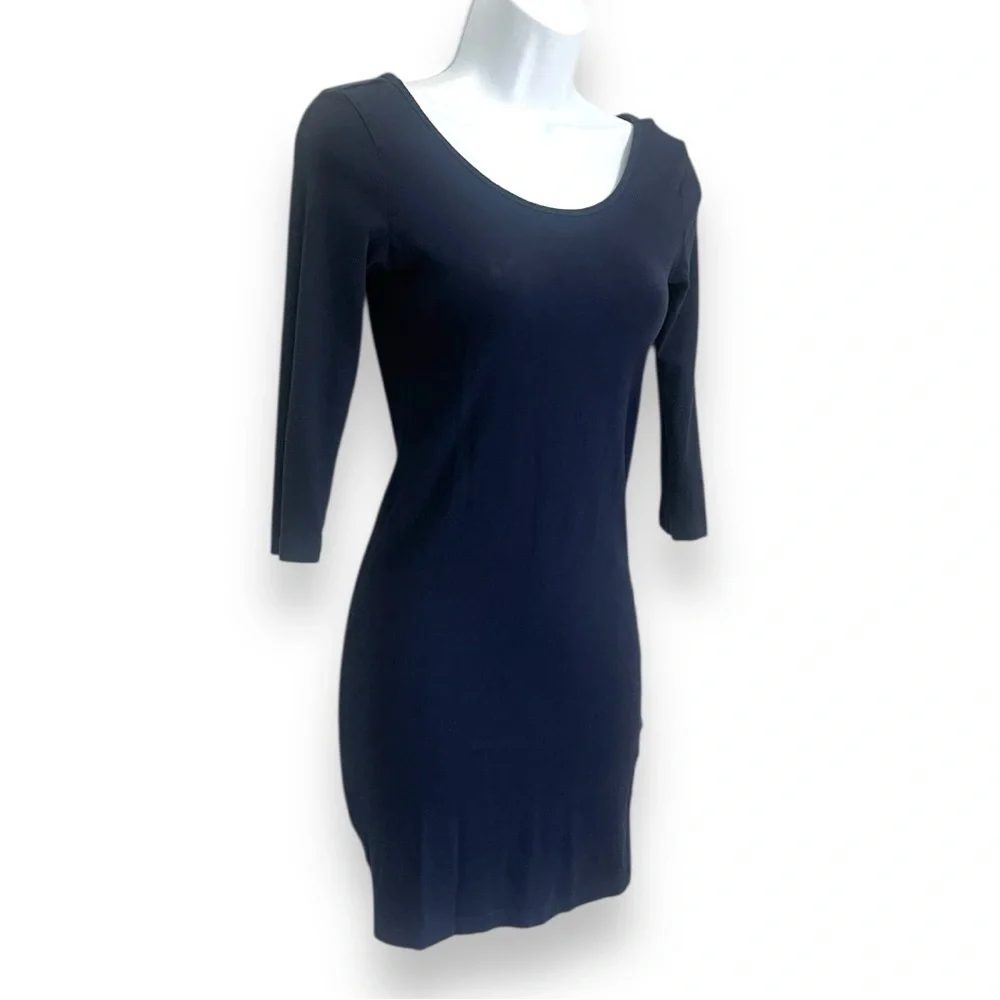 Forever 21 Navy Blue Bodycon Mini Dress Scoop  3/4 Sleeve Stretchy Cotton Blend - Picture 2 of 8